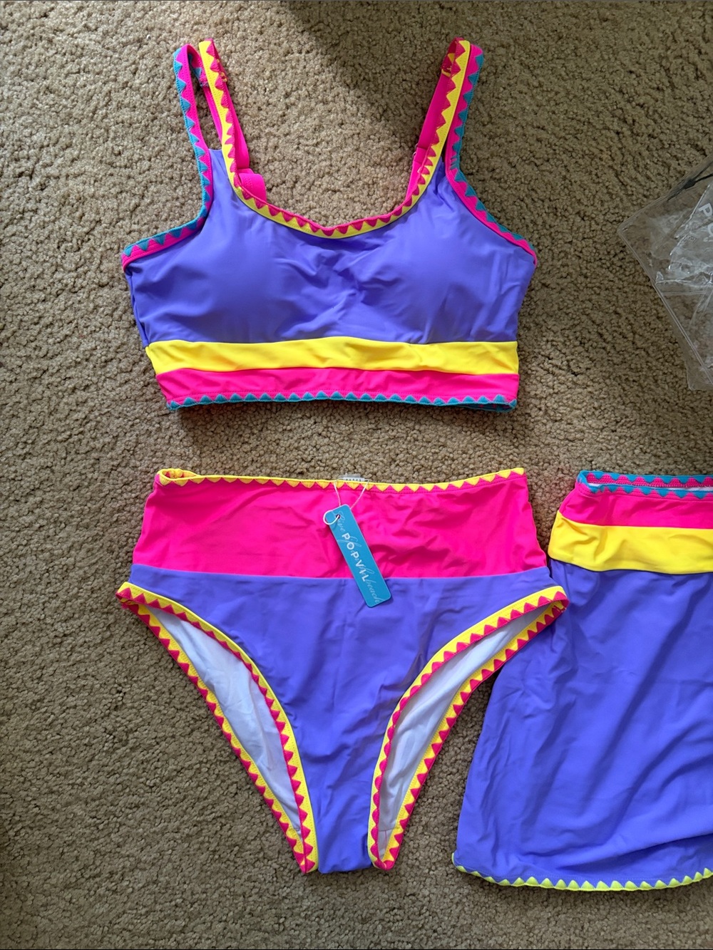 Popvil 3-Piece Colorblock High Waist Bikini Set